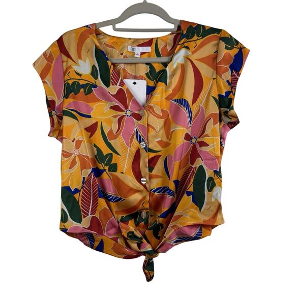 DR2 New Tropical Floral Tie Front Top Medium Satin V Neck Short Sleeved Boho - Picture 1 of 9
